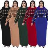 Plus Size Women Long Sleeve Sequin Patchwork Maxi Dress