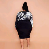 Plus Size Women Long Sleeve V-Neck Sexy Print Bodycon Dress