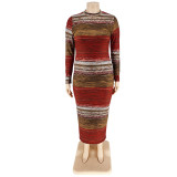 Plus Size Fall Women Long Sleeve Striped Print Dress