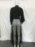 Women Fall Mesh Patchwork Long Sleeve Dress (without belt)
