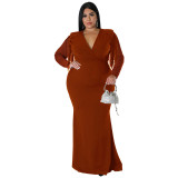 Plus Size Women Solid Color Long Sleeve Fringe Deep V Neck Dress