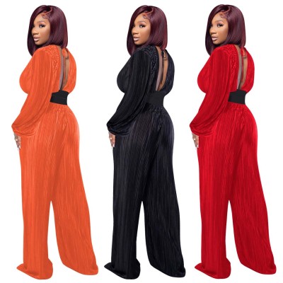 Women Sexy V-Neck Pleated Long-Sleeve Top+Pant Two-Piece Set