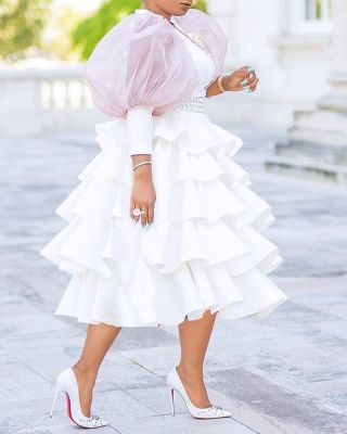 Plus Size Women White Round Neck Puff Sleeve Puff Dress