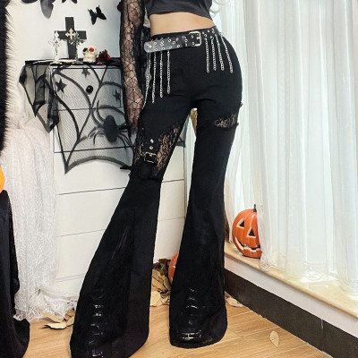 Women Fall Gothic Punk Lace Patchwork Bell Bottom Pants