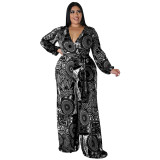 Plus Size Women Fall Print Long Sleeve Jumpsuit