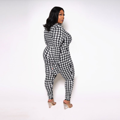 Plus Size Women Sexy V-Neck Houndstooth Print Zip Jumpsuit