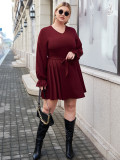 Plus Size Women Solid Long Sleeve Lace-Up Dress