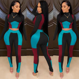 Women Fall Color Contrast Long Sleeve Top+ Trousers Two Piece Set