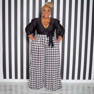 Plus Size Women Houndstooth Wide Leg Pants