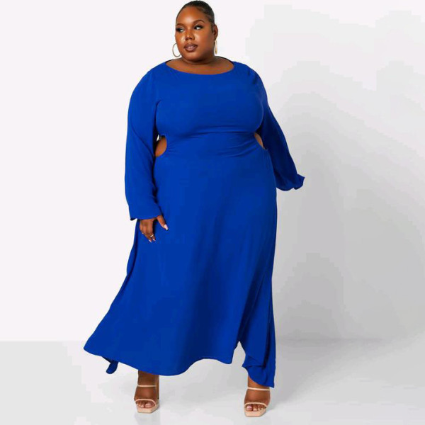 Plus Size Women Fall Long Sleeve Round Neck Cut Out Dress