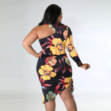 Plus Size Sexy Halter Neck Floral Print One Side Long Sleeve Lace-Up Dress