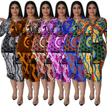 Plus Size Women Fall Long Sleeve Print Midi Dress