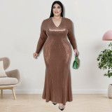 Plus Size Women Long Sleeve Sequin Maxi Dress