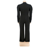 Plus Size Women Solid Color Bow Long Sleeve Jumpsuit