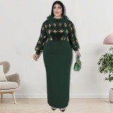 Plus Size Women Long Sleeve Sequin Patchwork Maxi Dress