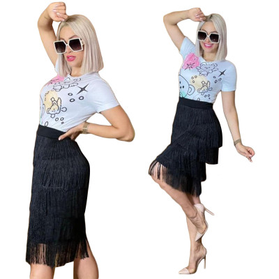 Women High Waist Patchwork Fringe Skirt