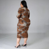 Plus Size Women Long Sleeve Leopard Bodycon Dress