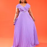 Women Summer Sexy Ruffled Pleated Maxi Dress with Belt