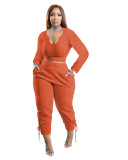 Women Solid Color Long Sleeve Top+Pant Two Piece Set