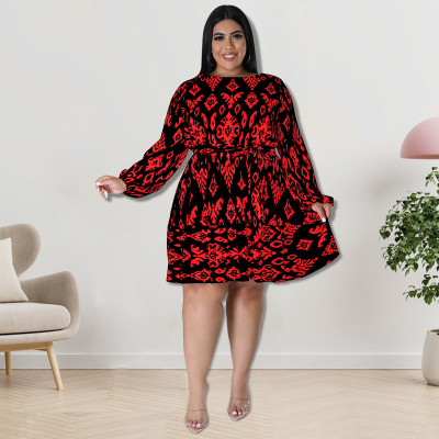 Plus Size Women Fall Long Sleeve Print Dress