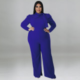 Plus Size Women Solid Color Bow Long Sleeve Jumpsuit