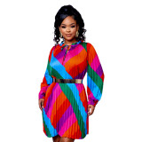 Women Long Sleeve Pleated Rainbow Print Dresses