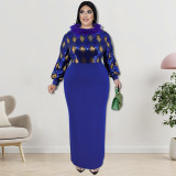 Plus Size Women Long Sleeve Sequin Patchwork Maxi Dress