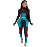 Women Fall Color Contrast Long Sleeve Top+ Trousers Two Piece Set