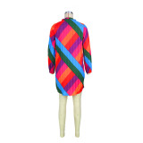 Women Long Sleeve Pleated Rainbow Print Dresses
