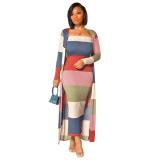 Plus Size Women Ribbed Print Colorblock Dress + Long Coat