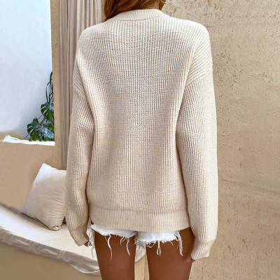 Solid Color Button Pullover Sweater Women's Fall/Winter Round Neck Knitting Shirt Top