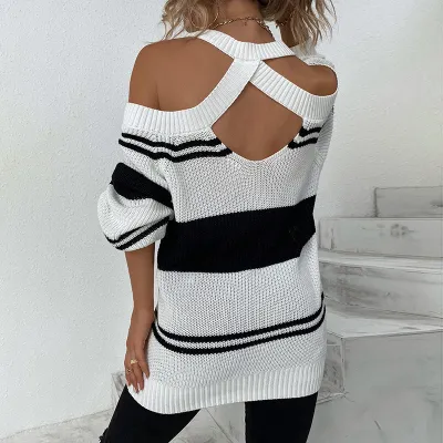 Fall/Winter Halter Neck Leaky Shoulder Sexy knitting Shirt Striped Sweater Women