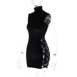 Fall Women's Versatile Solid Street Style Stand Collar Sleeveless Skirt Patchwork Cutout Dress