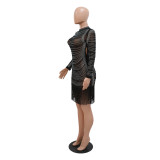 Sexy See-Through Turtleneck Beaded Long Sleeve Dress with Fringed Hem