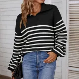 Autumn and winter Color Block striped polo collar sweater women's lantern sleeve knitting shirt