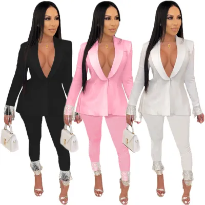 Autumn and winter fashion solid color tassel professional two-piece suit