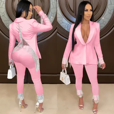 Autumn and winter fashion solid color tassel professional two-piece suit