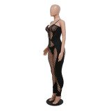 See-Through Mesh Suspender Jumpsuit with Panties