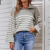 Autumn and winter Color Block striped polo collar sweater women's lantern sleeve knitting shirt