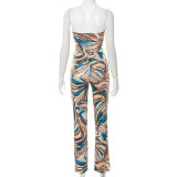 Women's Fall Printed Sexy Strapless Suit Casual Two Piece Pants Set