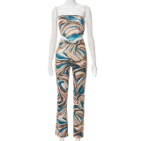 Women's Fall Printed Sexy Strapless Suit Casual Two Piece Pants Set
