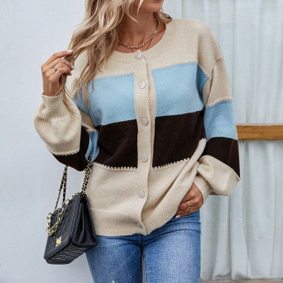 Color-blocking single-breasted knitting shirt autumn and winter lantern sleeve sweater women's cardigan jacket