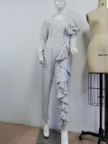 Spring And Autumn Polka Dot Point Chic Career Pullover High Waist White Long Jumpsuit
