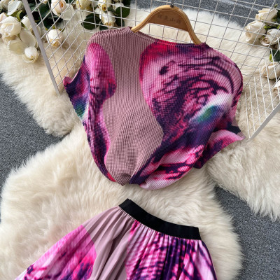 Chic Print Suit Women Summer High Waist Pleated Skirt Slim Fit Chic Top Two Piece Set