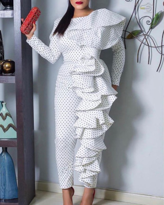 Spring And Autumn Polka Dot Point Chic Career Pullover High Waist White Long Jumpsuit