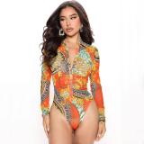 Fall Women'S Sexy Mesh Print See-Through Long Sleeve Bodysuit