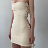 Summer Solid Color Strapless Lace-Up Club Dress With Sleeves