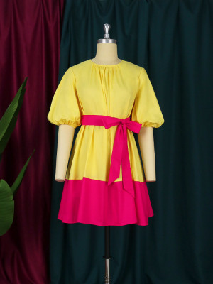 Summer Plus Size Women'S Puff Sleeve Belted Yellow Oversized Cotton Dress