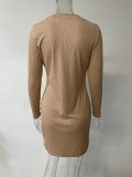 Women'S Long Sleeve Button Slim Waist Casual Knitting Rib Bodycon Dress