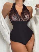 Sexy Halter See Through Lace Mesh Patchwork Bodysuit Teddy Lingerie